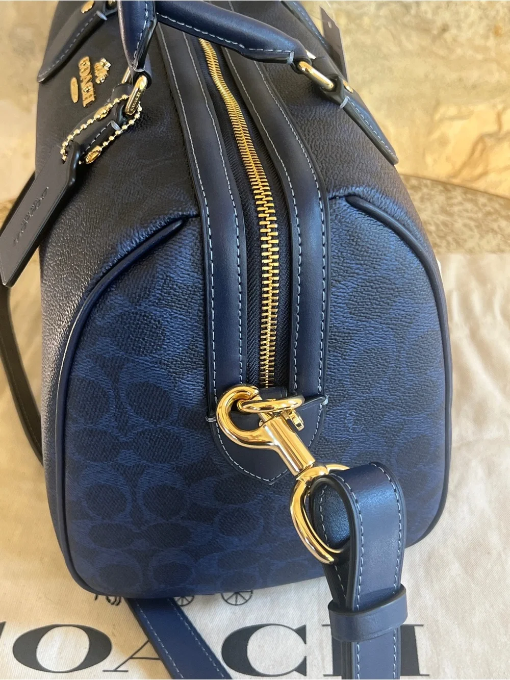 Coach Navy Signature Duffel Bag with Gold Hardware